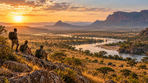Hikers overlooking a dramatic African landscape at sunrise